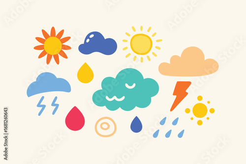 Playful Weather Icons Illustration Featuring Sunshine, Clouds, Raindrops, and a Lightning Bolt on a Cream Background