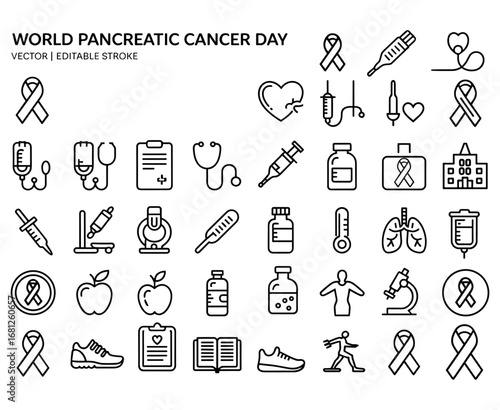A Comprehensive Collection of Illustrations Celebrating World Pancreatic Cancer Day Featuring Symbols of Awareness, Health, and Science