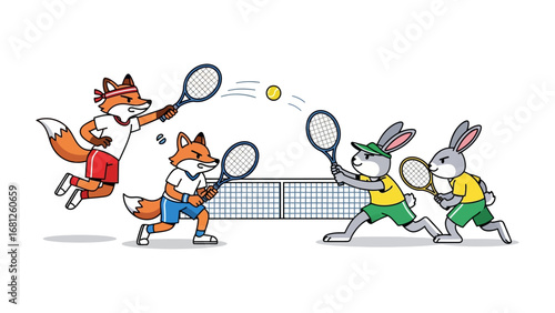 Furry Friends' Tennis Match: Capturing the dynamic energy of a tennis match, this illustration features spirited foxes and bunnies engaging in a friendly competition on the court.
