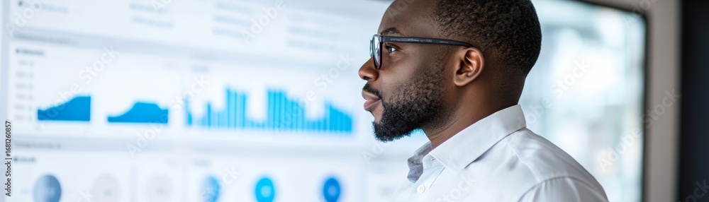 Fototapeta premium African American Analyst Examining Data Charts on Screen, Analysis , Dashboard