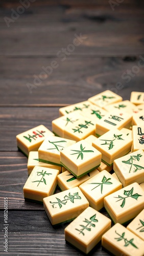 Pile of Mahjong tiles on dark wood