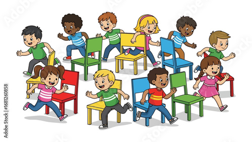 Musical Chairs Chaos: A vibrant illustration captures the playful competition of children as they engage in a spirited game of musical chairs. Energetic poses, colorful chairs.