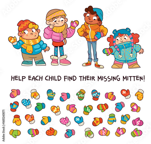 Winter matching puzzle for kids. Help each child find the missing mitten. Colorful worksheet that trains attention, logic and pattern recognition for classroom or home use.