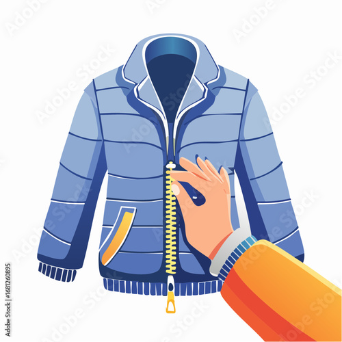 Hand Fastening Zipper On A Blue Puffer Jacket