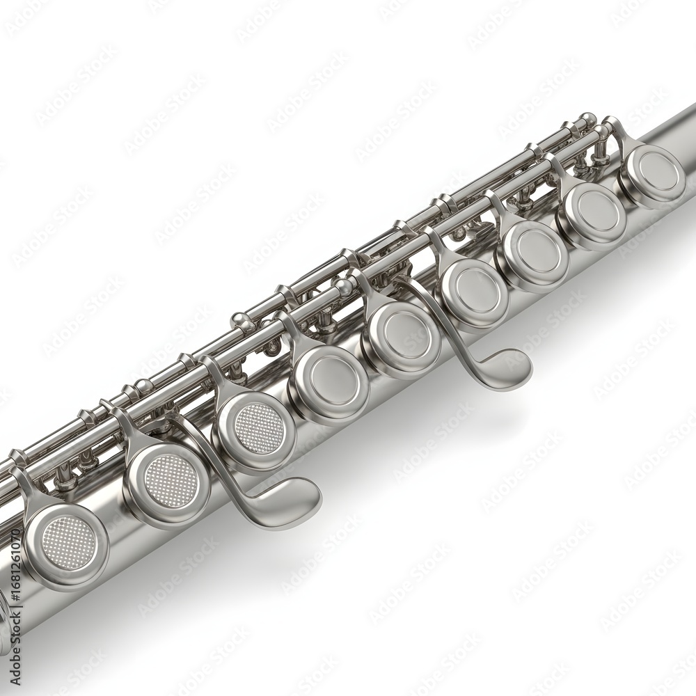 Naklejka premium Close-up of a beautiful silver flute showcasing its intricate keys and polished metal surface, an elegant musical instrument ready for harmonious melodies and artistic performances
