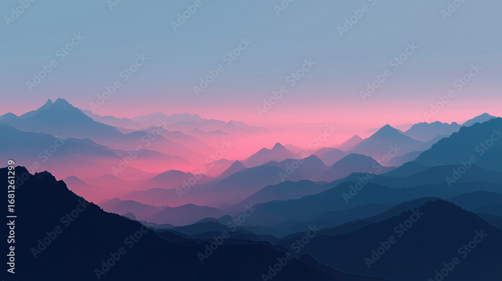 Fototapeta premium Minimalist mountain silhouette, misty gradient sky.