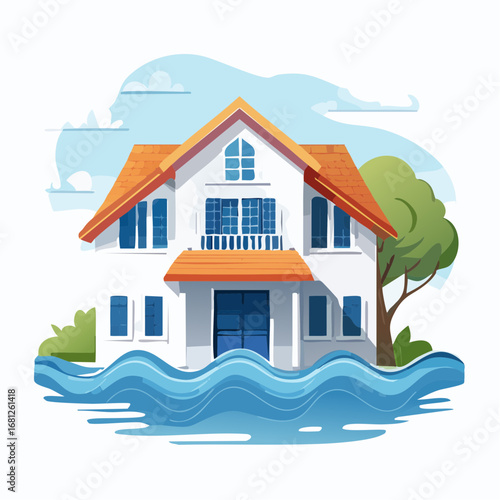 Flooded House Illustration With Orange Roof