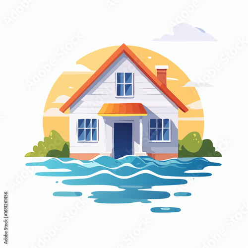 Cartoon Illustration Of House In Flood At Sunset