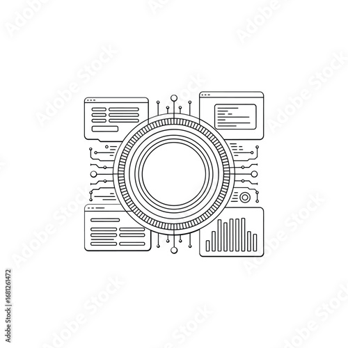 Futuristic digital interface with circular data display and information panels