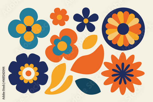 Retro Floral Pattern With Teal, Orange, and Navy Flowers and Leaves Illustration