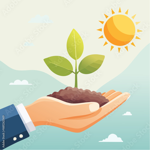 Hand Holding Young Plant Under Sun