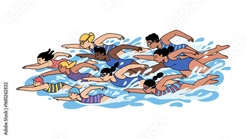 Collective Swimmers: A vibrant illustration captures a dynamic group of swimmers, each engaged in the rhythmic dance of a freestyle stroke, symbolizing unity and collective effort in aquatic sports. 