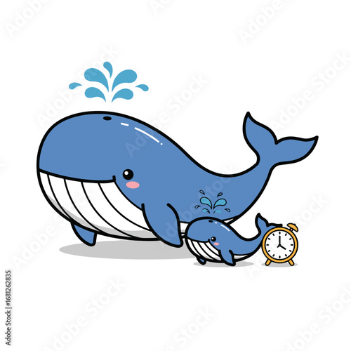 Whale cartoon playing with alarm clock