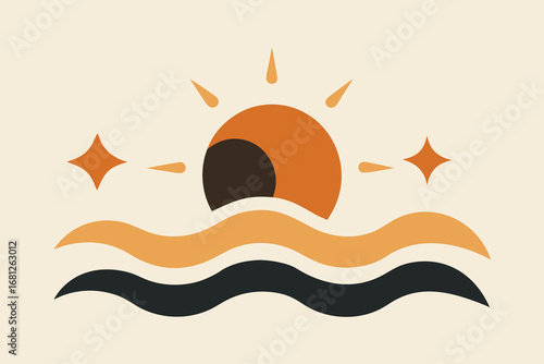 Retro Illustration of Sunset Over Ocean Waves with Two Stars on Creamy Background