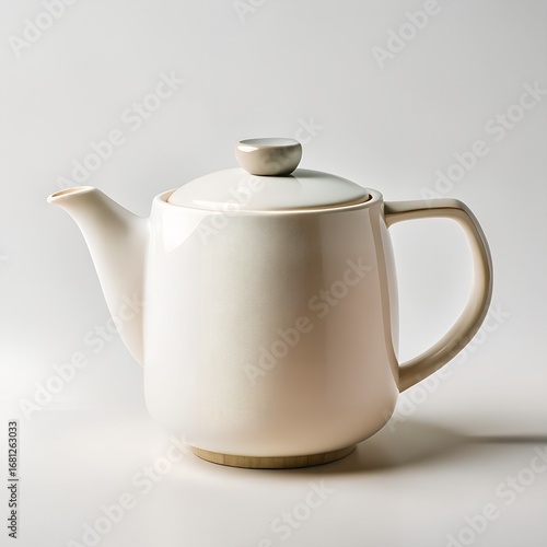 Off- White Ceramic Teapot with Wooden Accents on White Background