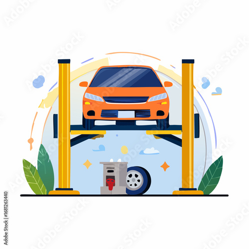 Orange Car On Lift In Garage Illustration