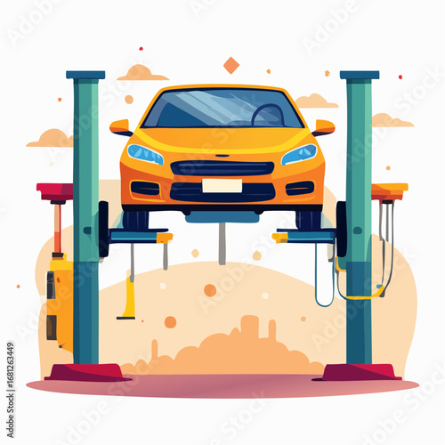 Cartoon Car Lifted Up For Maintenance
