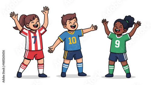 Triumphant Trio: A cheerful group of three diverse children celebrate a shared victory, brimming with glee and camaraderie, representing teamwork, joy, and unity.