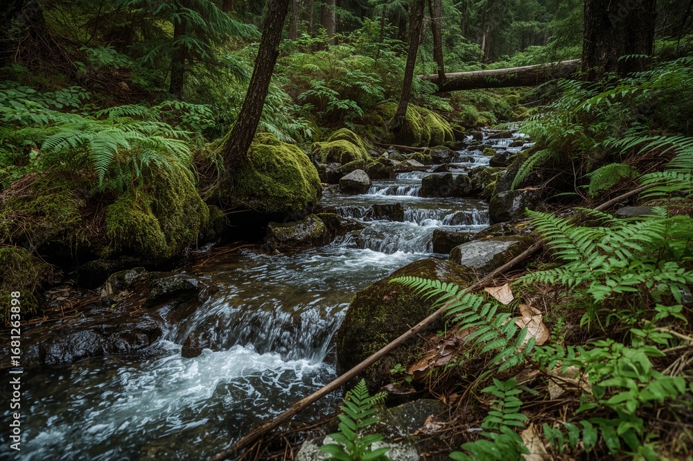 Obraz premium A narrow creek winding through thick evergreen woods with clear water, mossy stones, abundant ferns, and vivid vegetation in detail.