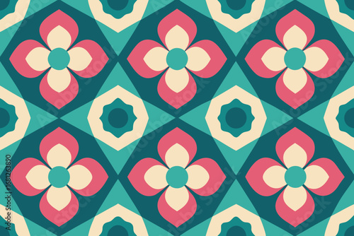 Seamless Geometric Floral Pattern with Pink and Beige Flowers on Teal Backgrounds