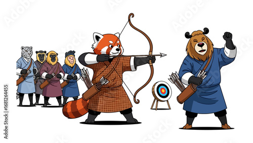 Animal Archery Competition: Animated red panda meticulously aims, poised to release an arrow, competing in a vibrant archery contest, showcasing precision, skill, and competitive spirit.