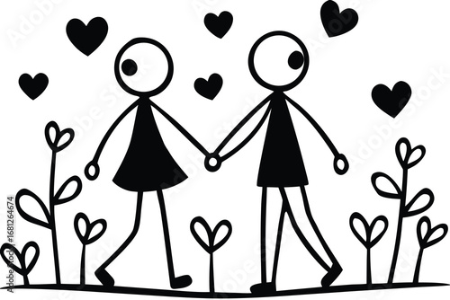 Simple Stick Figures Holding Hands Amid Heart Plants and Floating Hearts Illustration