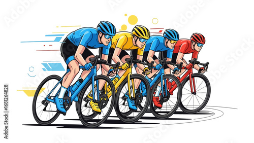 Dynamic Cyclists: A dynamic illustration showcases a close-up view of five cyclists, all in motion, clad in vibrant team attire and aerodynamic helmets, embodying the energy of competitive cycling.