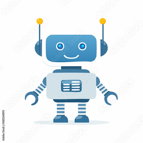 Adorable blue robot with antenna and a friendly smile, ideal for children's books, educational materials, and tech-themed designs showcasing futuristic fun and innovation