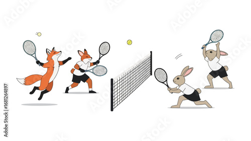 Tennis Match: A lively tennis match unfolds with foxes and rabbits playfully competing on the court. A lighthearted scene of animals engaged in sport and game.
