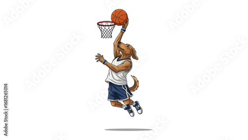 Canine's Slam Dunk: A cartoon dog with a basketball showcases athleticism as it soars through the air to perform a slam dunk, blending sports and whimsy.