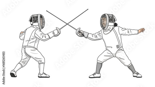 Fencing Duel: Two focused fencers engage in a dynamic duel, their swords crossed in a display of skill and strategy. capturing the elegance of the sport. 