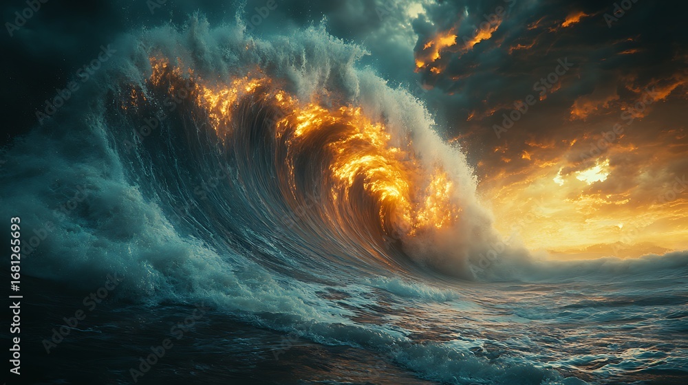 Fototapeta premium Dramatic ocean wave with golden light and stormy clouds breathtaking photo composition