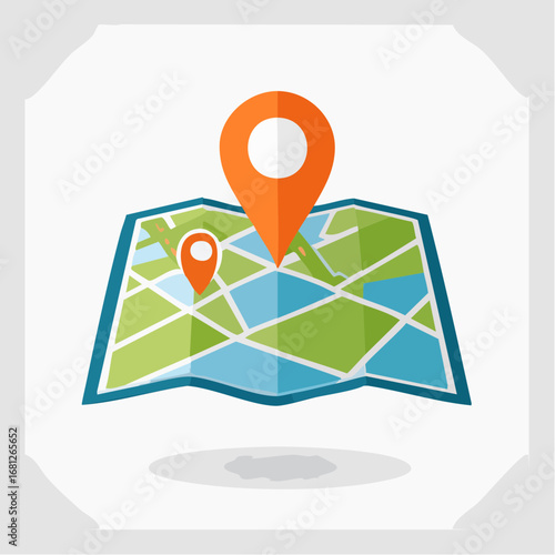 Plan your next adventure with this colorful map and pinpoint icons, ideal for travel planning, navigation apps, location based services, and creative journey themes with a sense of discovery