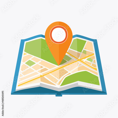Navigate with ease using this modern map icon and vibrant orange location pin, perfect for apps, websites, and travel guides offering clear direction and pinpoint accuracy for adventure seekers