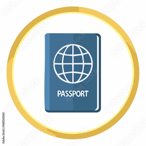 Passport icon in a gold circle, symbolizing international travel, global citizenship, and identity verification for seamless journeys worldwide, your ticket to adventure awaits