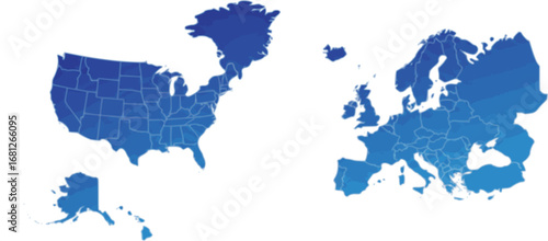 Vector illustration of USA and Europe maps in blue shades, showcasing geographical outlines with a modern, minimalist design on white background.
