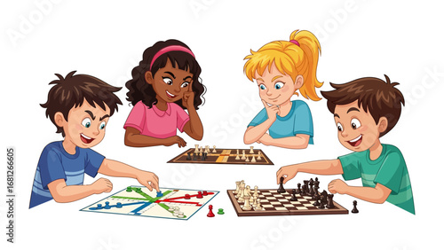 Game Night Delight: Children are engrossed in a vibrant illustration, sharing a lighthearted moment as they engage in various board games together.