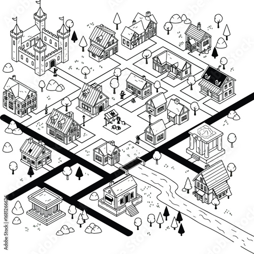 Map: A detailed isometric line art illustration of a medieval-style town with a castle, houses, and a river.