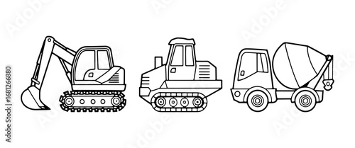 Construction vehicles such as an excavator, bulldozer, and cement mixer on a simple background