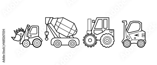 Construction vehicles lined up with a digger, concrete mixer, tractor, and loader at a worksite