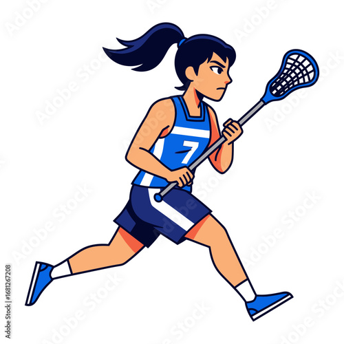 Dynamic Lacrosse Player in Action: A determined female lacrosse player charges forward, stick in hand, in a vibrant and eye-catching illustration of sportsmanship.