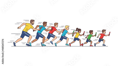 Relay Race in Action: Dynamic vector graphic of a relay race, capturing the energy of competition and teamwork with runners passing batons. 