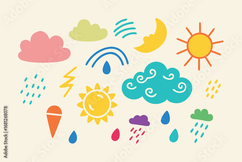 Whimsical Weather Icons Clouds, Sun, Moon, Rainbow, Rain, Lightning, and Ice Cream Cone Doodles