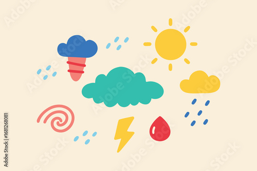 Whimsical Weather Icons Sun, Clouds, Rain, Lightning, Tornado, Wind, and Blood Drop Illustration
