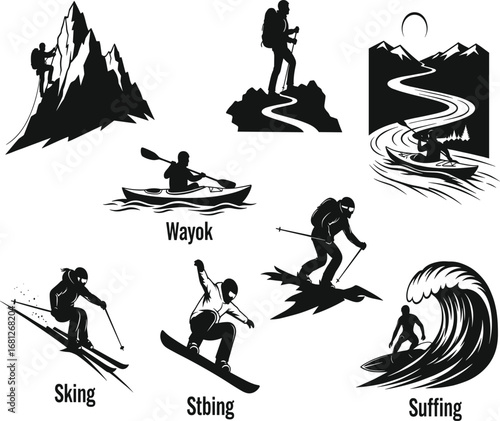 Adventure, outdoor, silhouette, sports, hiking, climbing, kayaking, surfing, skiing, snowboarding, wakeboarding, extreme, mountain, river, ocean, action, recreation, black, white, vector