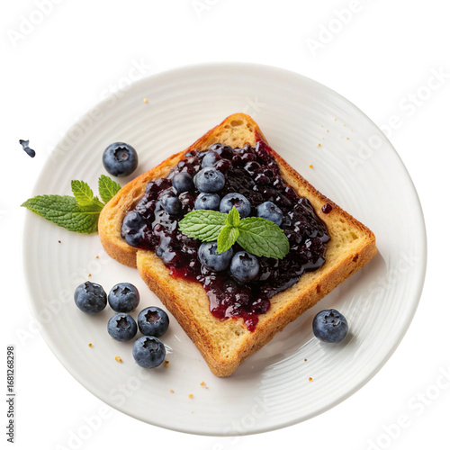 Delicious slice of toast topped with blueberry jam and fresh blueberries isolated on transparent background