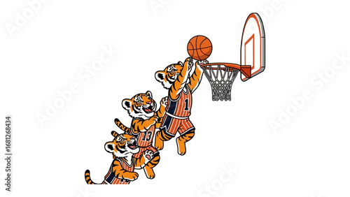 Basketball Tigers in Action: A dynamic illustration captures a tiger team in action, showcasing their energetic basketball skills in a spirited game, bringing teamwork and athleticism to life.