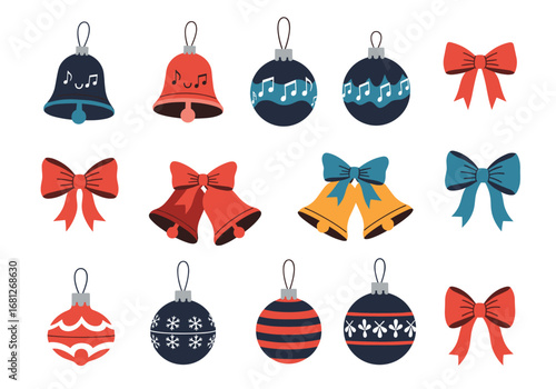 Collection of festive christmas ornaments and decorative bows for holiday celebrations