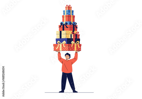 Man holding a tower of wrapped gifts enthusiastically with festive cheer and excitement