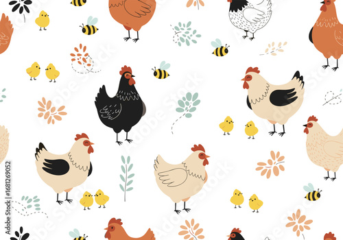 Charming farmhouse hens and chicks with buzzing bees and delicate floral accents on white fabric